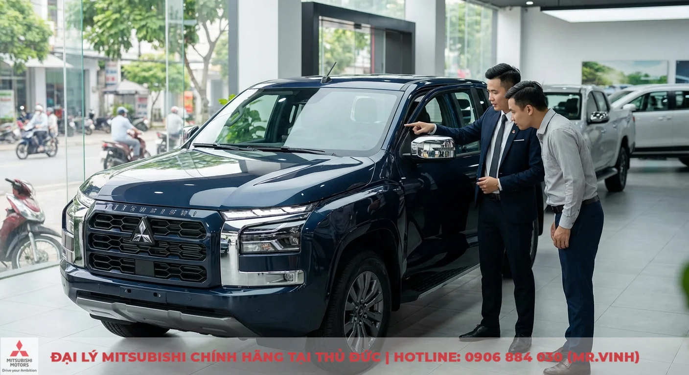 Mitsubishi Triton 2WD AT Athlete 2026: Thông số, giá lăn bánh & đánh giá 5 Xe bán tải Mitsubishi Triton màu xanh đậm trong showroom, nhân viên bán hàng chỉ gương xe cho khách hàng xem