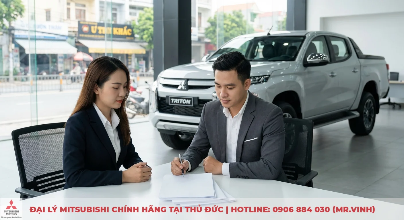Mitsubishi Triton 2WD AT Athlete 2026: Thông số, giá lăn bánh & đánh giá 6 Chuyên viên đang hướng dẫn khách hàng ký giấy tờ tại bàn trước xe bán tải Triton màu bạc trong showroom