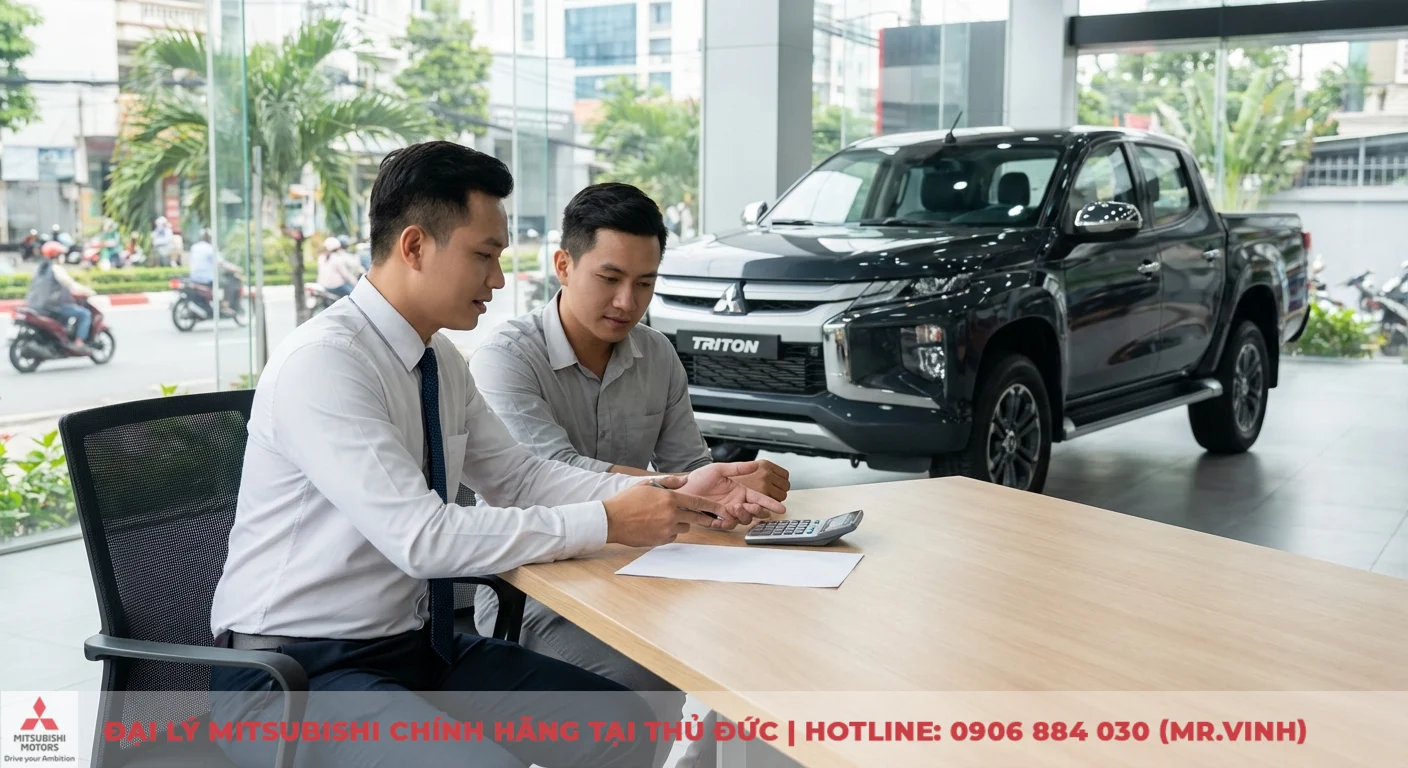 Mitsubishi Triton 2WD AT GLX 2026: Thông số, giá dự kiến, ngày ra mắt 2 Hai người đàn ông tại showroom tư vấn mua xe Mitsubishi Triton với máy tính và giấy tờ trên bàn gỗ