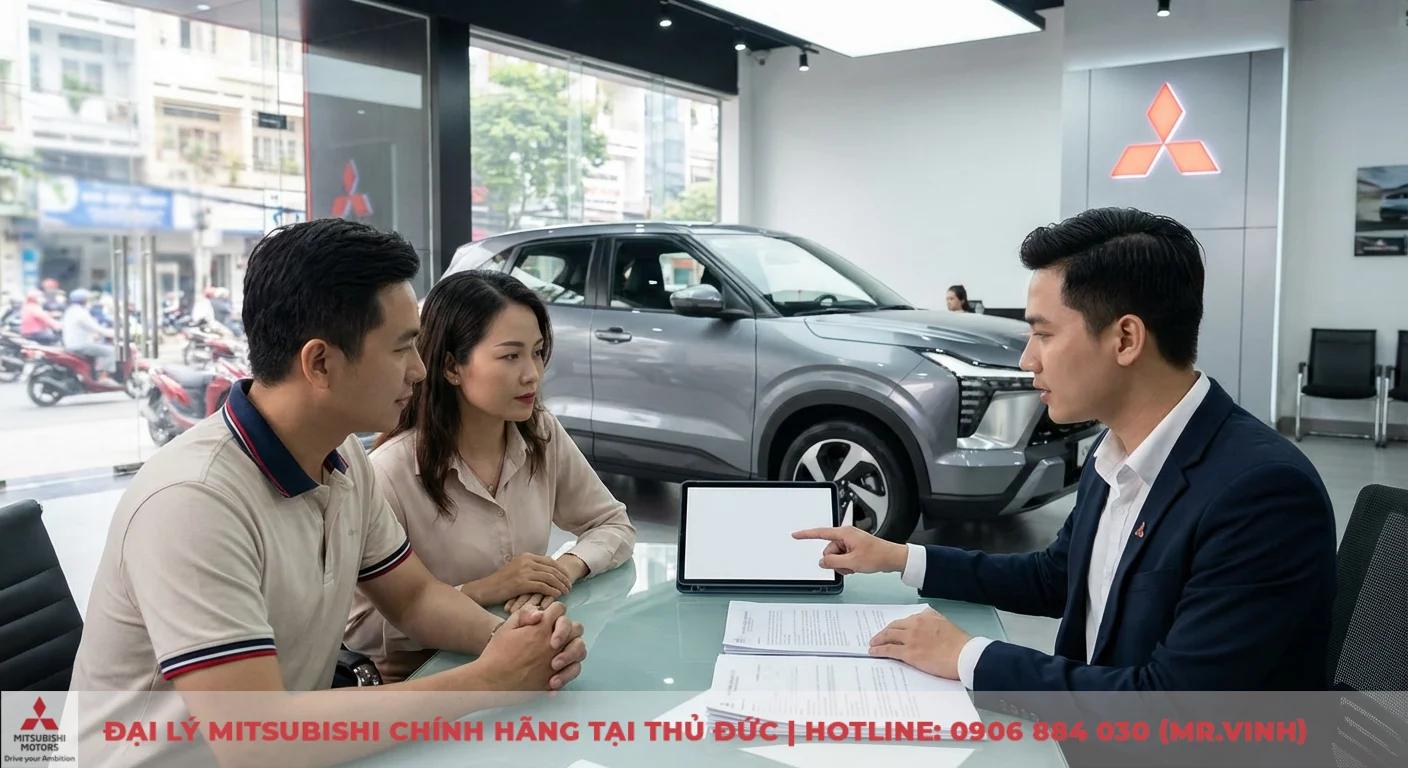 Mitsubishi Xforce 2026 trả góp: Lãi suất, bảng tính, hồ sơ vay 1 Mitsubishi Xforce 2026: nhân viên đang tư vấn khách hàng về lợi ích và điều kiện mua trả góp