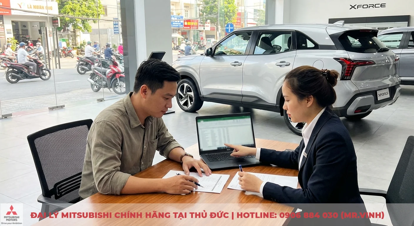 Mitsubishi Xforce 2026 trả góp: Lãi suất, bảng tính, hồ sơ vay 2 Khách hàng và tư vấn viên xem bảng tính trả góp Mitsubishi Xforce 2026 trên laptop và ký hồ sơ tại TP.HCM