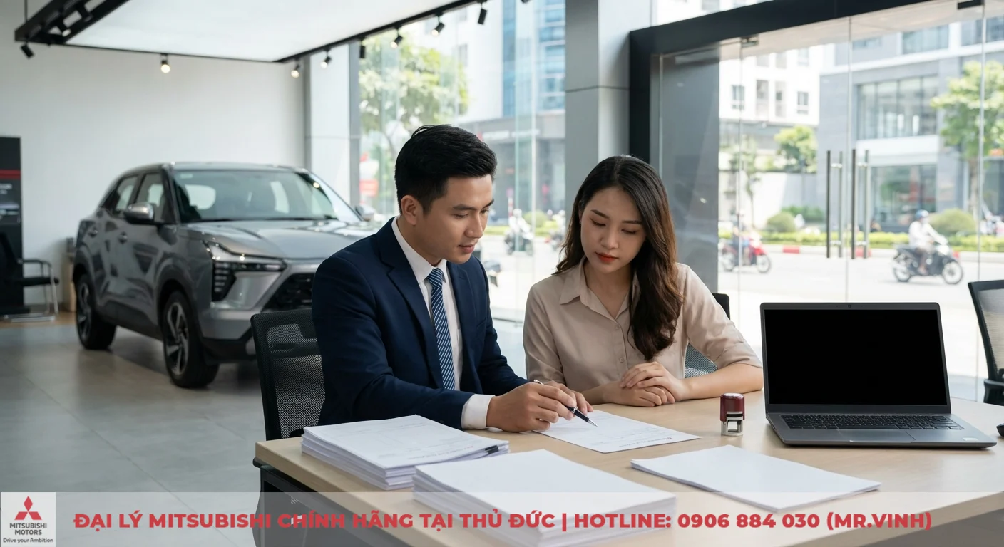 Mitsubishi Xforce 2026 trả góp: Lãi suất, bảng tính, hồ sơ vay 3 Khách hàng nữ và nhân viên tư vấn thảo luận hồ sơ mua Mitsubishi Xforce 2026 trả góp tại showroom