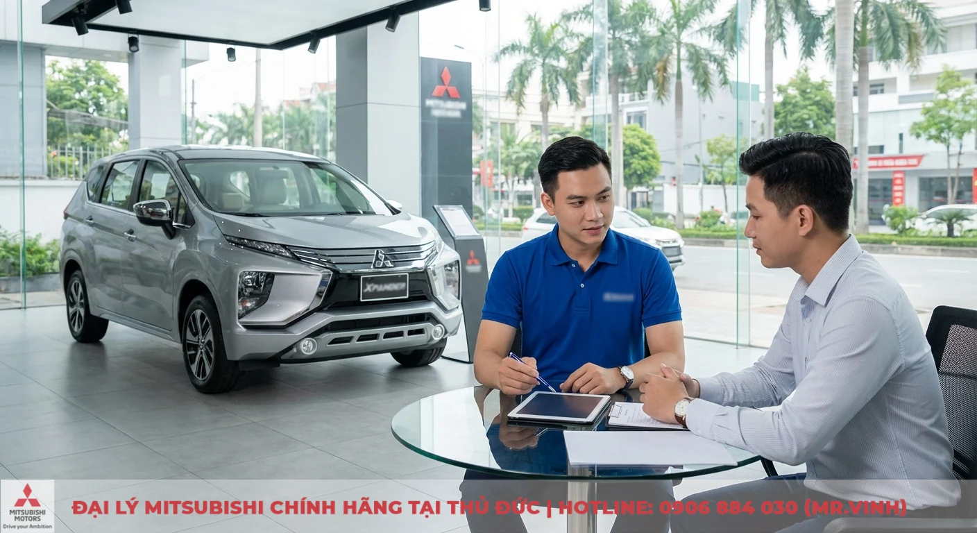 Mitsubishi Xpander 2026 trả góp: dự kiến bảng tính & lãi suất 1 Khách hàng được tư vấn về Mitsubishi Xpander 2026 trả góp tại showroom Mitsubishi Saigon 3S với chiếc xe trưng bày