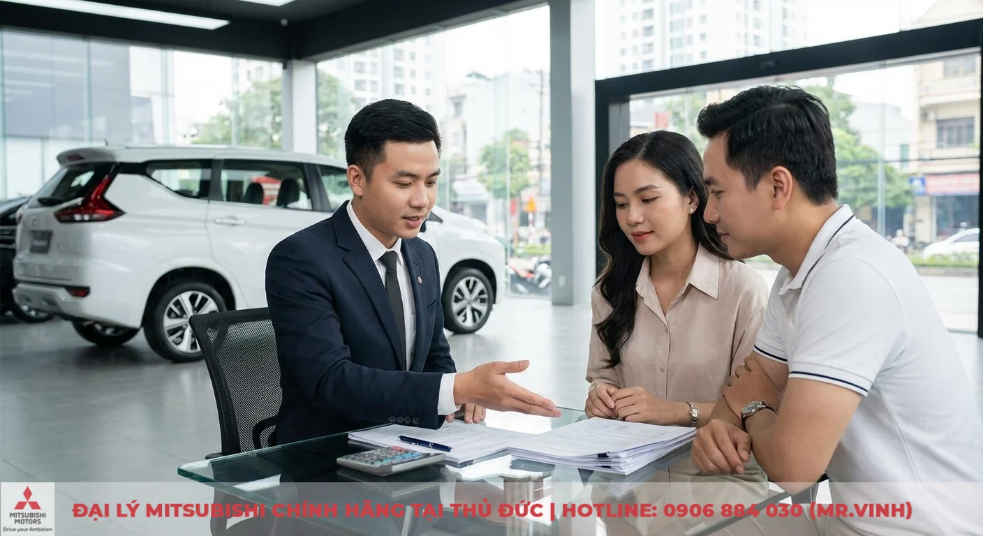 Mitsubishi Xpander 2026 trả góp: dự kiến bảng tính & lãi suất 2 Chuyên viên đang tư vấn chi tiết về các yếu tố lãi suất vay mua xe Xpander 2026 cho khách hàng