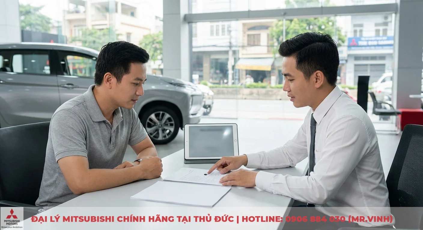 Mitsubishi Xpander 2026 trả góp: dự kiến bảng tính & lãi suất 3 Khách hàng được nhân viên tư vấn Mitsubishi Saigon 3S hướng dẫn hoàn thiện hồ sơ vay mua xe Xpander 2026 trả góp