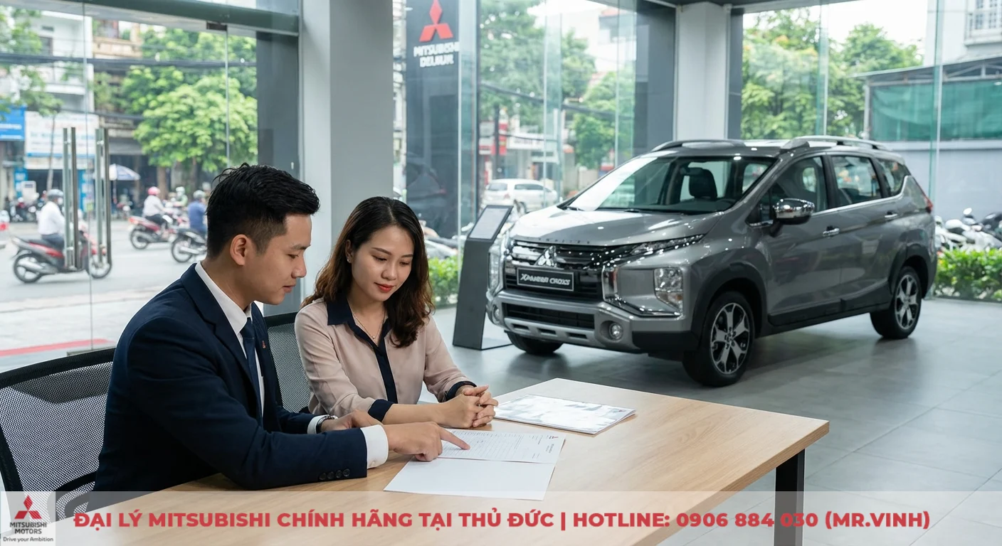 Mitsubishi Xpander Cross 2026 trả góp: Lãi suất, thủ tục & bảng tính 1 Khách hàng và nhân viên tư vấn Mitsubishi Xpander Cross thảo luận giấy tờ cho nhu cầu mua xe trả góp