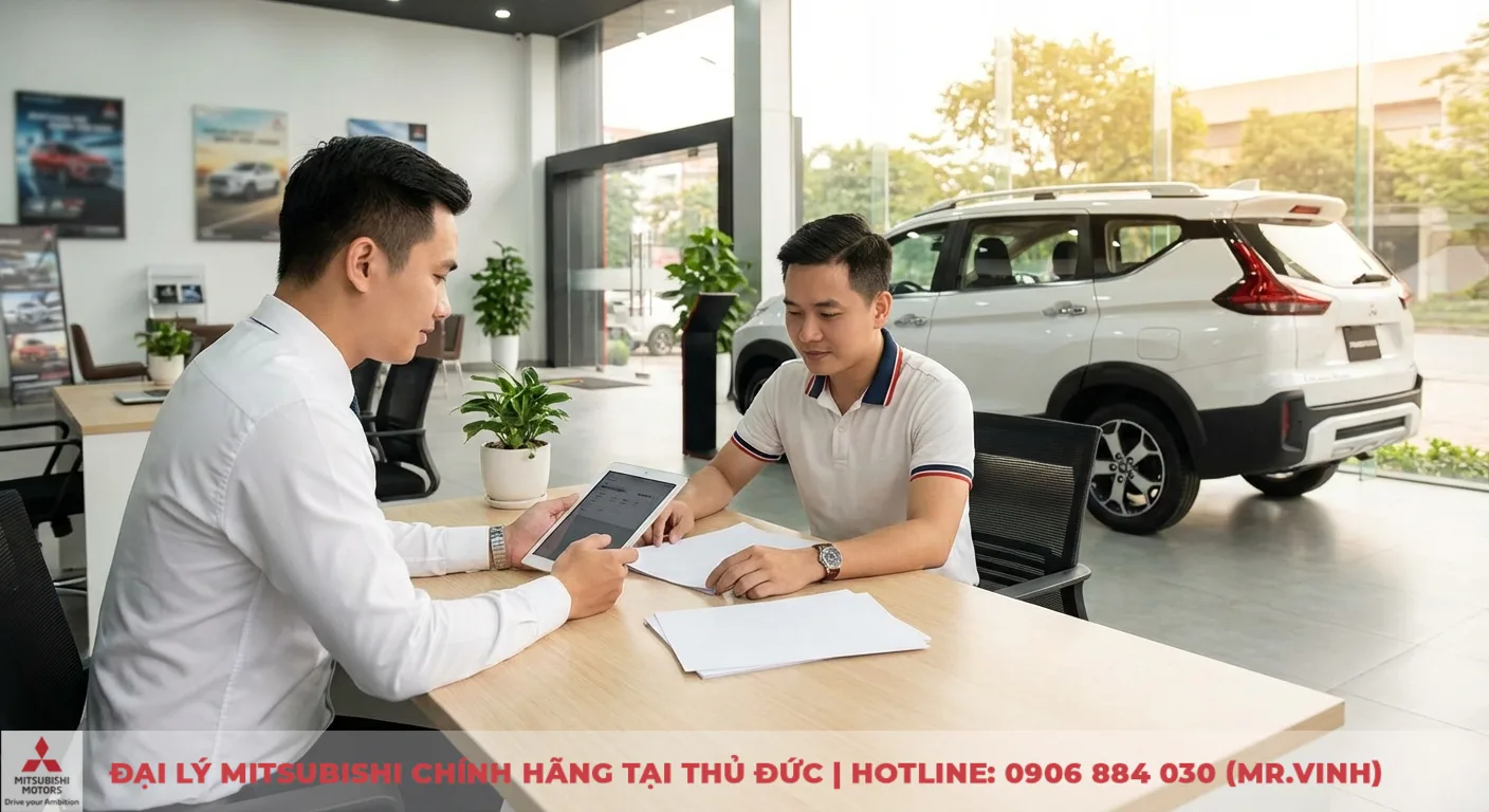 Mitsubishi Xpander Cross 2026 trả góp: Lãi suất, thủ tục & bảng tính 2 Nhân viên Mitsubishi Saigon 3S tư vấn khách hàng về chính sách trả góp Mitsubishi Xpander Cross 2026 qua máy tính bảng