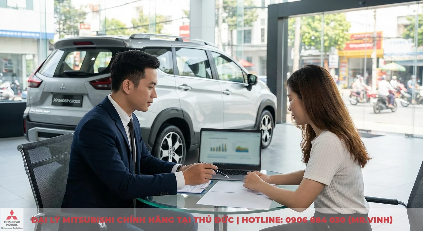 Mitsubishi Xpander Cross 2026 trả góp: Lãi suất, thủ tục & bảng tính 3 Khách hàng và nhân viên tư vấn thảo luận về lãi suất vay mua xe Xpander Cross với số liệu trên laptop