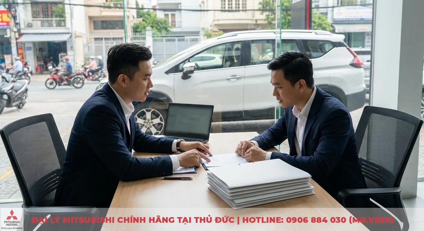 Mitsubishi Xpander Cross 2026 trả góp: Lãi suất, thủ tục & bảng tính 4 Hai người đàn ông xem xét hồ sơ, thủ tục mua xe Xpander Cross 2026 trả góp tại TP.HCM trên bàn làm việc