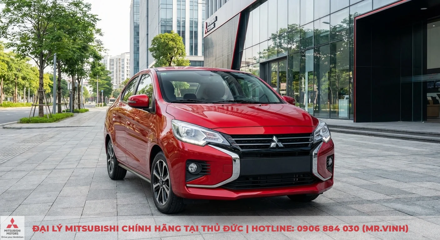 Ngoại thất Attrage 2026: Cập nhật thiết kế, hình ảnh mới nhất 1 Ngoại thất Mitsubishi Attrage 2026 màu đỏ với ngôn ngữ thiết kế Dynamic Shield thế hệ mới, lưới tản nhiệt ấn tượng và đèn LED sắc sảo