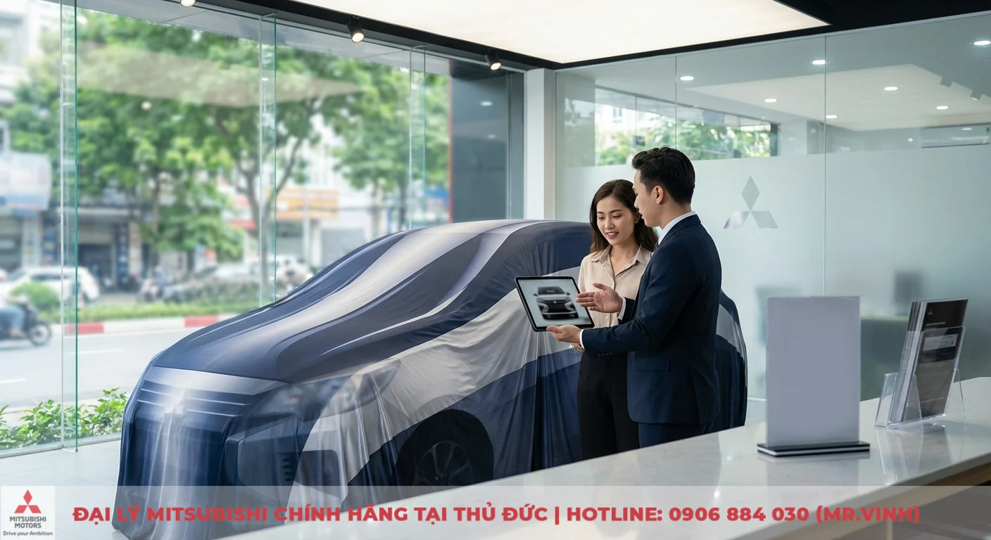 Ngoại thất Attrage 2026: Cập nhật thiết kế, hình ảnh mới nhất 3 Khách hàng tại Mitsubishi Saigon 3S tìm hiểu về Attrage 2026 qua tablet, xe mới đang chờ ra mắt