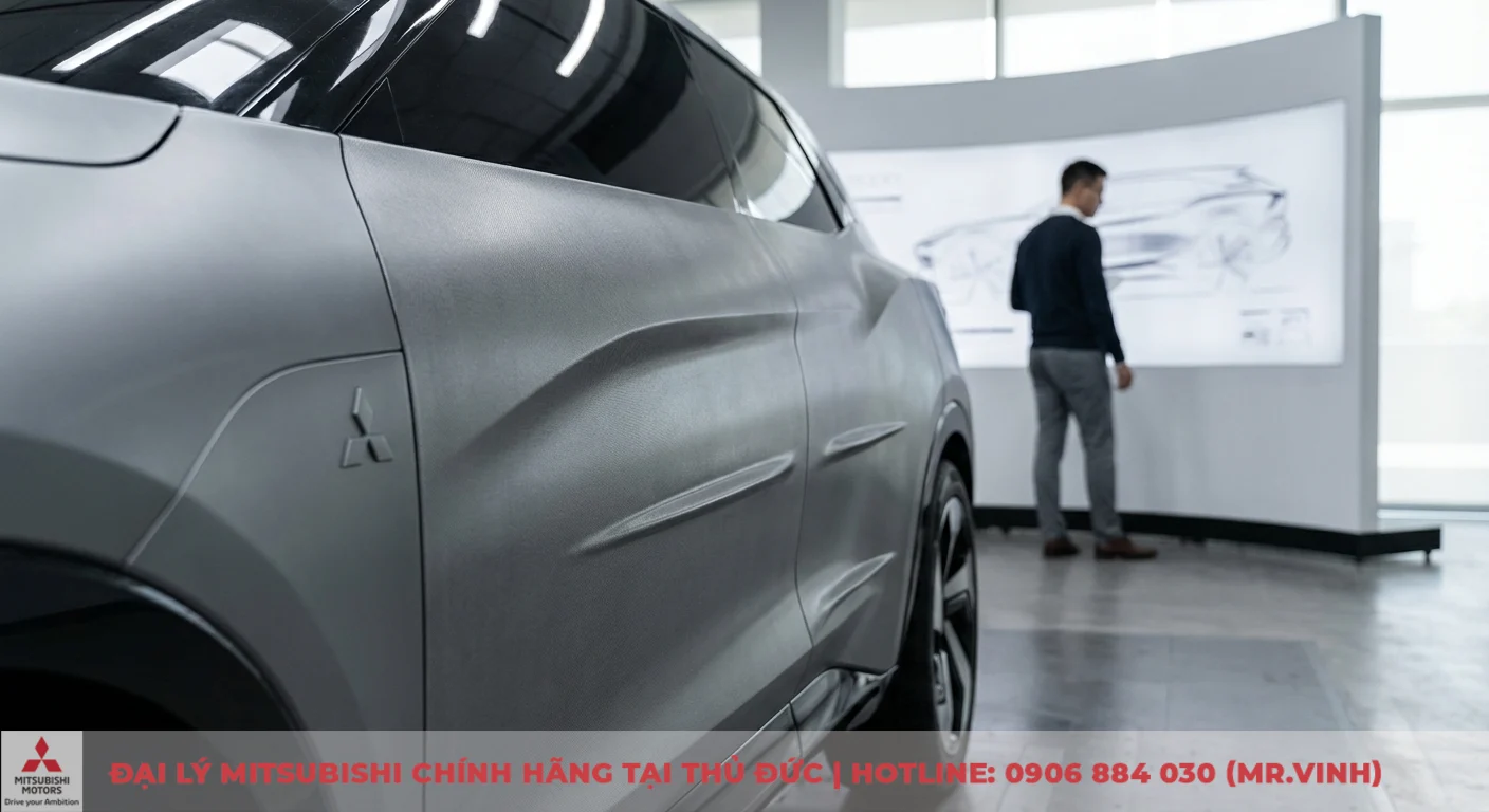 Ngoại thất Destinator 2026: Đánh giá thiết kế concept & thông số 1 Mẫu xe concept màu xám của Mitsubishi với bề mặt vật liệu thông minh, các đường nét khí động học, một người xem bản phác thảo xe ở phía sau