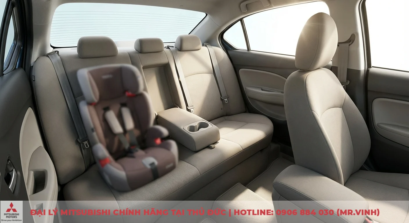 Nội thất Attrage 2026: Dự đoán thiết kế, tiện nghi và công nghệ mới 3 Hàng ghế sau Attrage rộng rãi với bệ tỳ tay trung tâm tích hợp khay đựng cốc và ghế trẻ em, tối ưu không gian tiện nghi