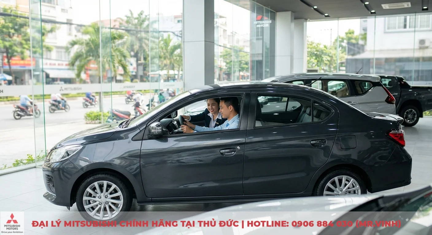 Nội thất Attrage 2026: Dự đoán thiết kế, tiện nghi và công nghệ mới 4 Người mua trải nghiệm Attrage 2026 với tư vấn viên tại showroom Mitsubishi Sài Gòn ở TP.HCM và Thủ Đức