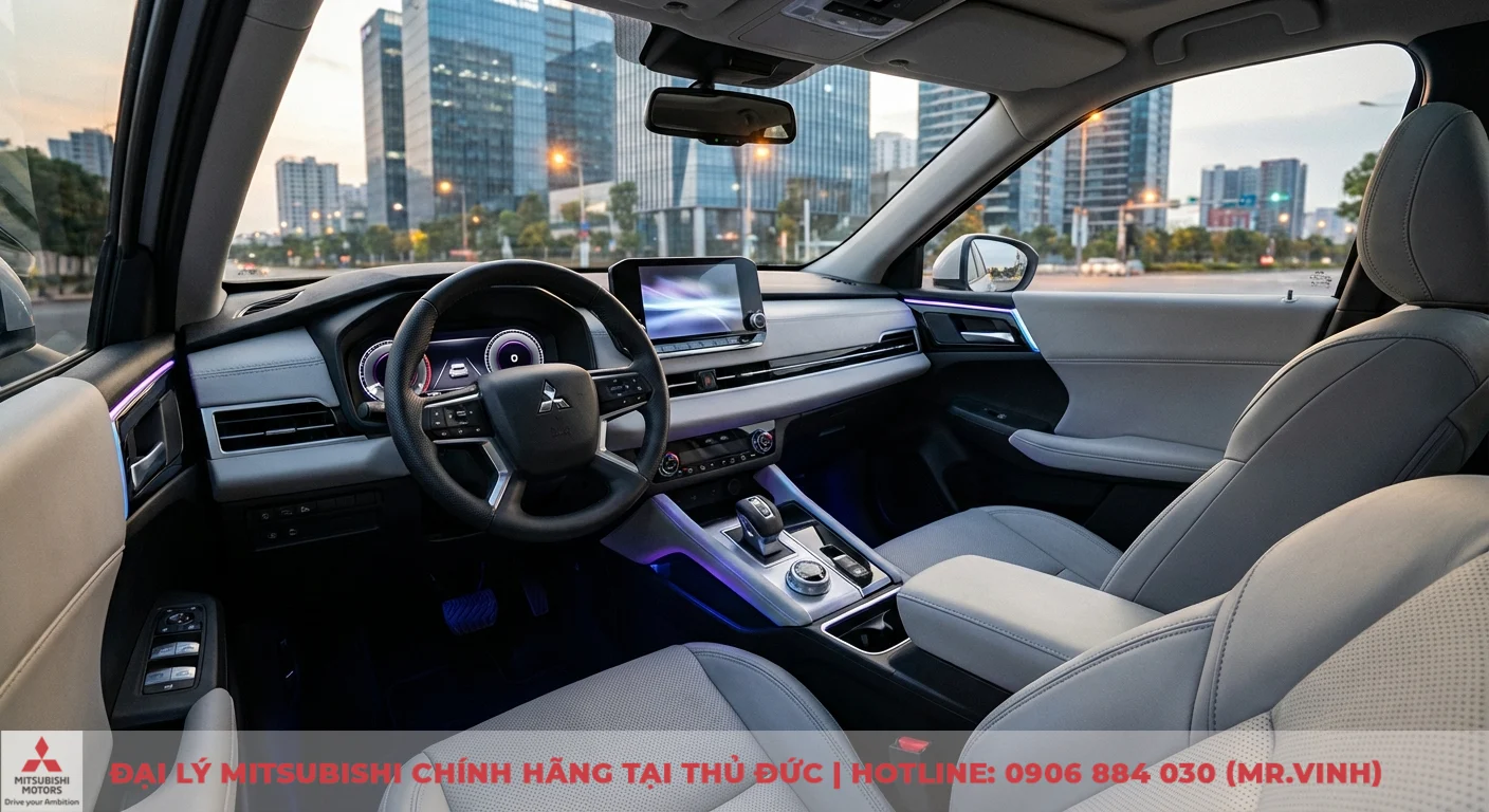 Nội thất Destinator 2026: Tầm nhìn Mitsubishi cho không gian xe. 1 Khoang lái Mitsubishi hiện đại với vô lăng, màn hình, cần số, ghế da sáng và đèn viền nội thất màu tím xanh