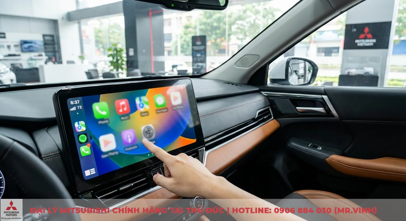 Nội thất Destinator 2026: Tầm nhìn Mitsubishi cho không gian xe. 2 Người dùng chạm màn hình trung tâm lớn hiển thị ứng dụng giải trí trong nội thất xe hơi da nâu đen
