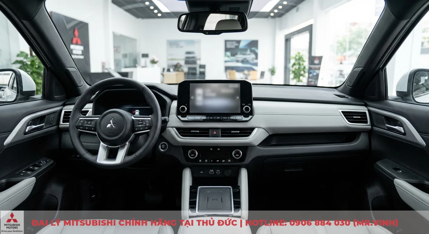Nội thất Mitsubishi Xforce 2026: Đánh giá chi tiết khoang lái và tiện nghi 1 Khoang lái hiện đại của Mitsubishi Xforce với màn hình cảm ứng trung tâm, vô lăng, sạc không dây và cổng USB