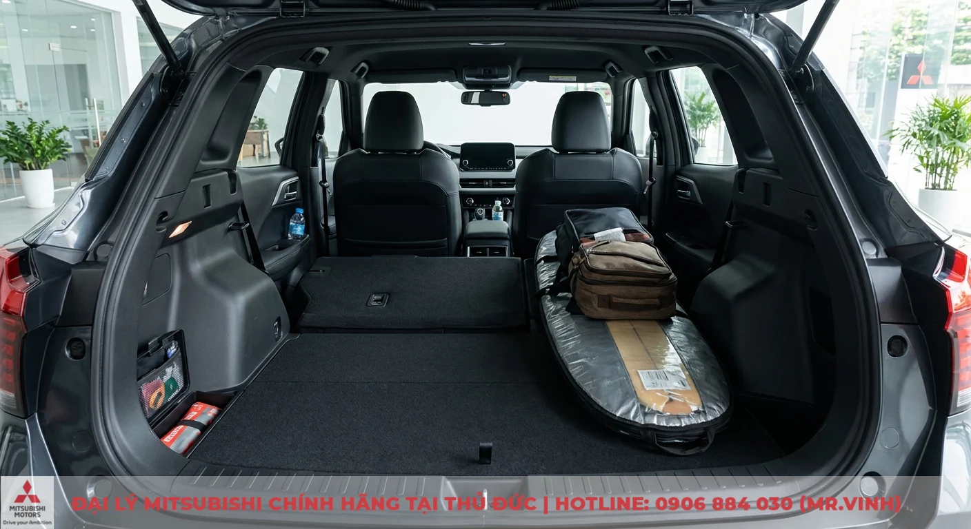 Nội thất Mitsubishi Xforce 2026: Đánh giá chi tiết khoang lái và tiện nghi 4 Khoang chứa đồ linh hoạt Mitsubishi Xforce 2026 với ghế sau gập phẳng, tối ưu chứa ván lướt sóng và vật dụng tiện lợi