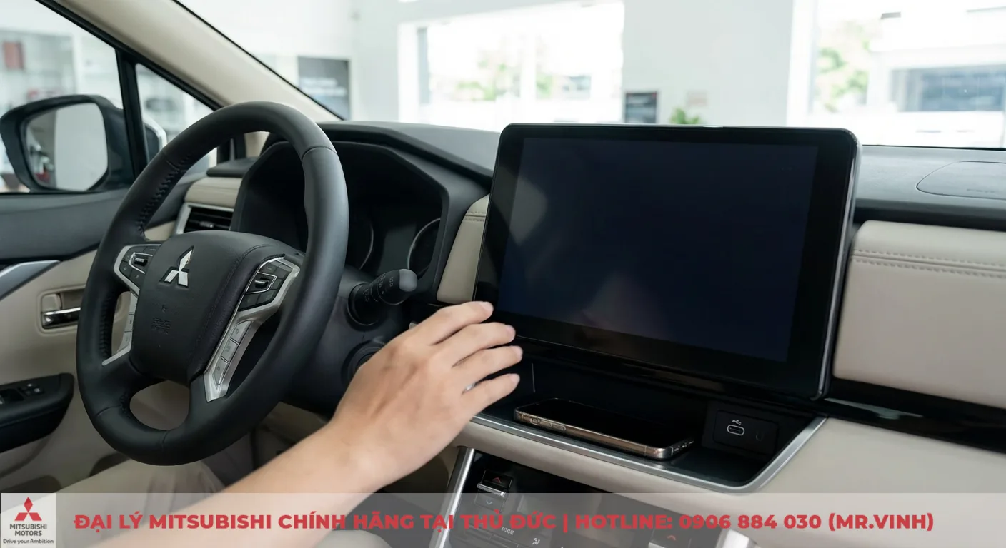 Nội thất Xpander 2026: Cập nhật thiết kế, tiện nghi và công nghệ mới 3 Màn hình cảm ứng giải trí lớn và cổng sạc USB-C hiện đại trên Xpander 2026, minh họa tiện nghi và công nghệ đột phá