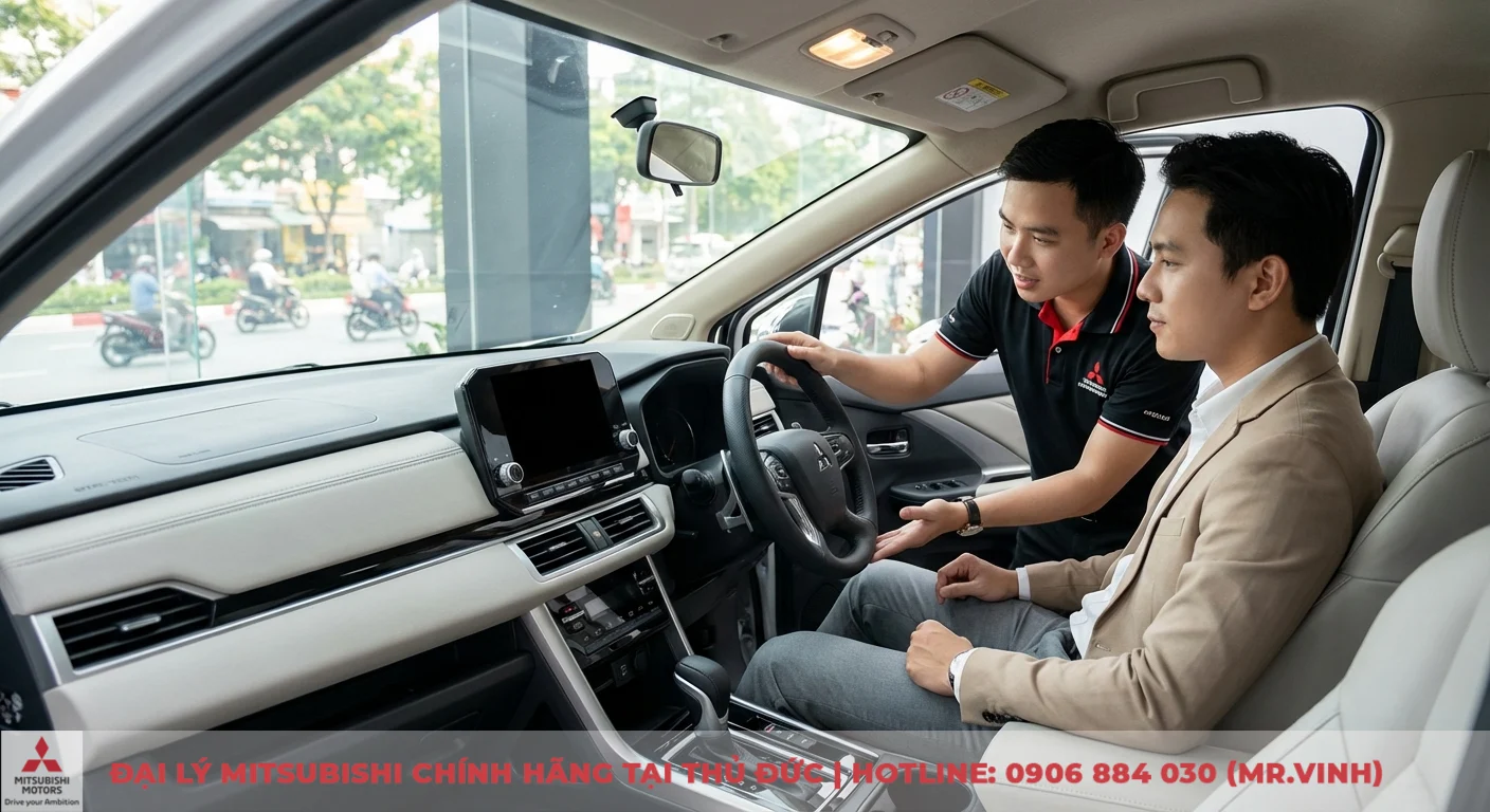 Nội thất Xpander 2026: Cập nhật thiết kế, tiện nghi và công nghệ mới 4 Khách hàng trải nghiệm thực tế nội thất Xpander 2026 cùng tư vấn viên tại đại lý Mitsubishi Sài Gòn 3S