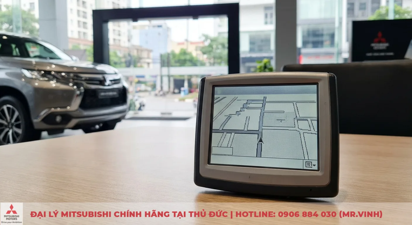 Destinator 2026 – Lỗi thời? Chọn GPS ô tô hiện đại nào cho xe Mitsubishi? 1 Thiết bị định vị GPS cầm tay màu xám trên bàn gỗ hiển thị bản đồ đen trắng, phía sau là xe hơi và đường phố mờ ảo