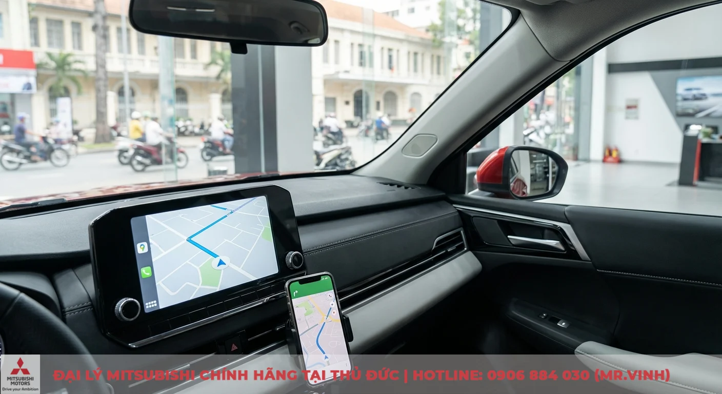 Destinator 2026 – Lỗi thời? Chọn GPS ô tô hiện đại nào cho xe Mitsubishi? 2 Nội thất xe hơi với màn hình trung tâm và điện thoại gắn trên taplo hiển thị bản đồ định vị GPS, nhìn ra đường phố đông đúc và showroom