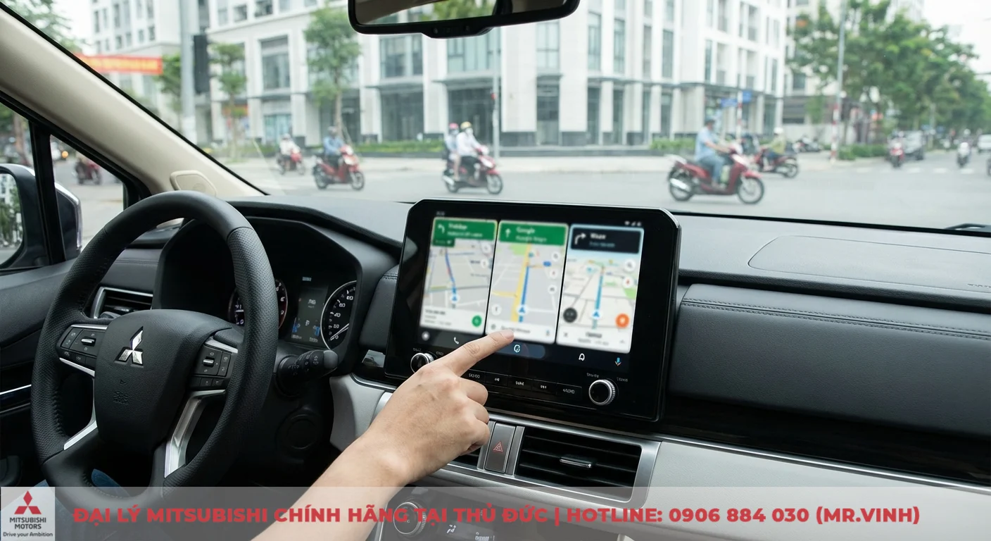 Destinator 2026 – Lỗi thời? Chọn GPS ô tô hiện đại nào cho xe Mitsubishi? 3 Nội thất xe Mitsubishi với vô lăng và màn hình cảm ứng hiển thị ba ứng dụng định vị VietMap, Google Maps, Waze, một ngón tay đang chạm vào