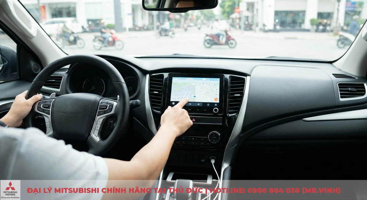 Destinator 2026 – Lỗi thời? Chọn GPS ô tô hiện đại nào cho xe Mitsubishi? 4 Nội thất xe hơi nhìn từ ghế lái với người đang chạm màn hình cảm ứng hiển thị bản đồ GPS, vô lăng có nút điều khiển và điện thoại sạc