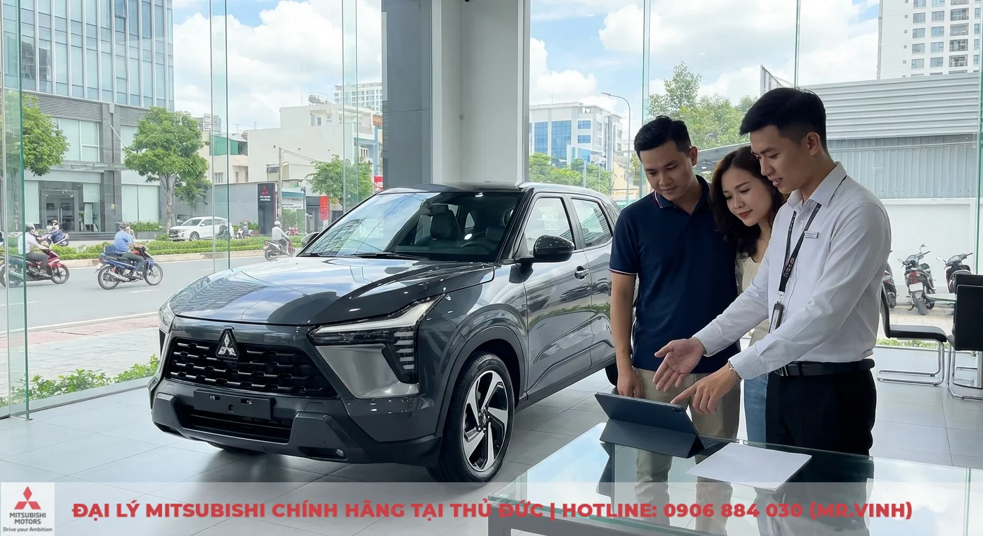 Phiên bản Xforce 2026: So sánh chi tiết các bản, trang bị & giá 1 Mitsubishi Xforce màu xám trong showroom, nhân viên giới thiệu tổng quan xe và giải đáp kỳ vọng khách hàng