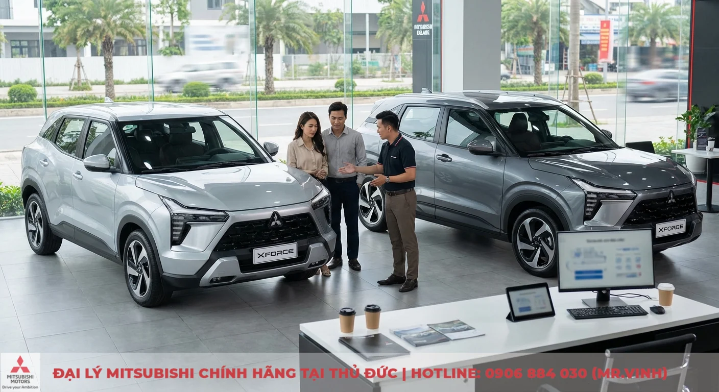 Phiên bản Xforce 2026: So sánh chi tiết các bản, trang bị & giá 4 Hai phiên bản Mitsubishi Xforce 2026 khác nhau đang được nhân viên tư vấn cho cặp đôi khách hàng lựa chọn theo nhu cầu