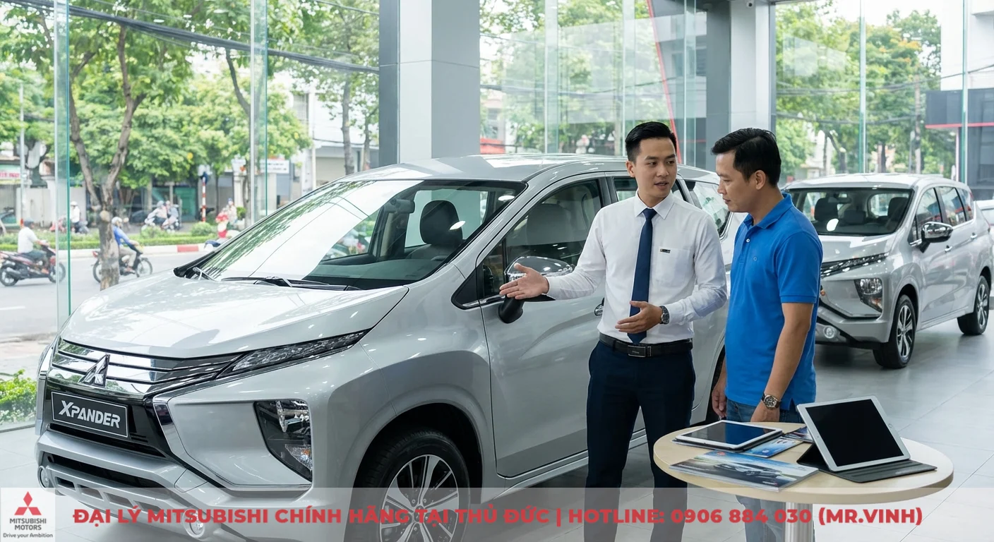 Phiên bản Xpander 2026: Khám phá bản, trang bị & dự đoán giá 1 Mitsubishi Xpander màu bạc trong showroom được nhân viên giới thiệu khách hàng, minh họa các phiên bản 2026