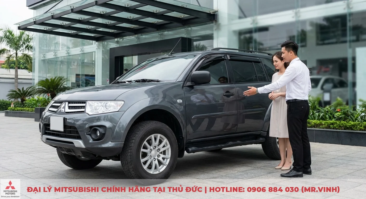 Phụ kiện Destinator 2026: Chính hãng, thông số & so sánh chi tiết 1 Một chiếc SUV màu xám đậm với bệ bước và kính tối màu, người đàn ông đang chỉ vào xe cho người phụ nữ bên ngoài tòa nhà kính
