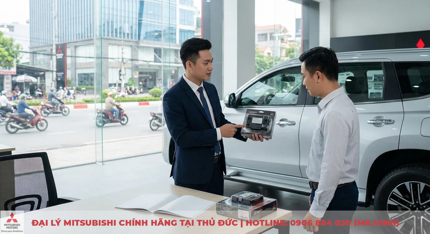 Phụ kiện Destinator 2026: Chính hãng, thông số & so sánh chi tiết 2 Nhân viên bán hàng chỉ vào hộp phụ kiện xe, khách hàng đứng cạnh chiếc SUV bạc Mitsubishi trong showroom ô tô