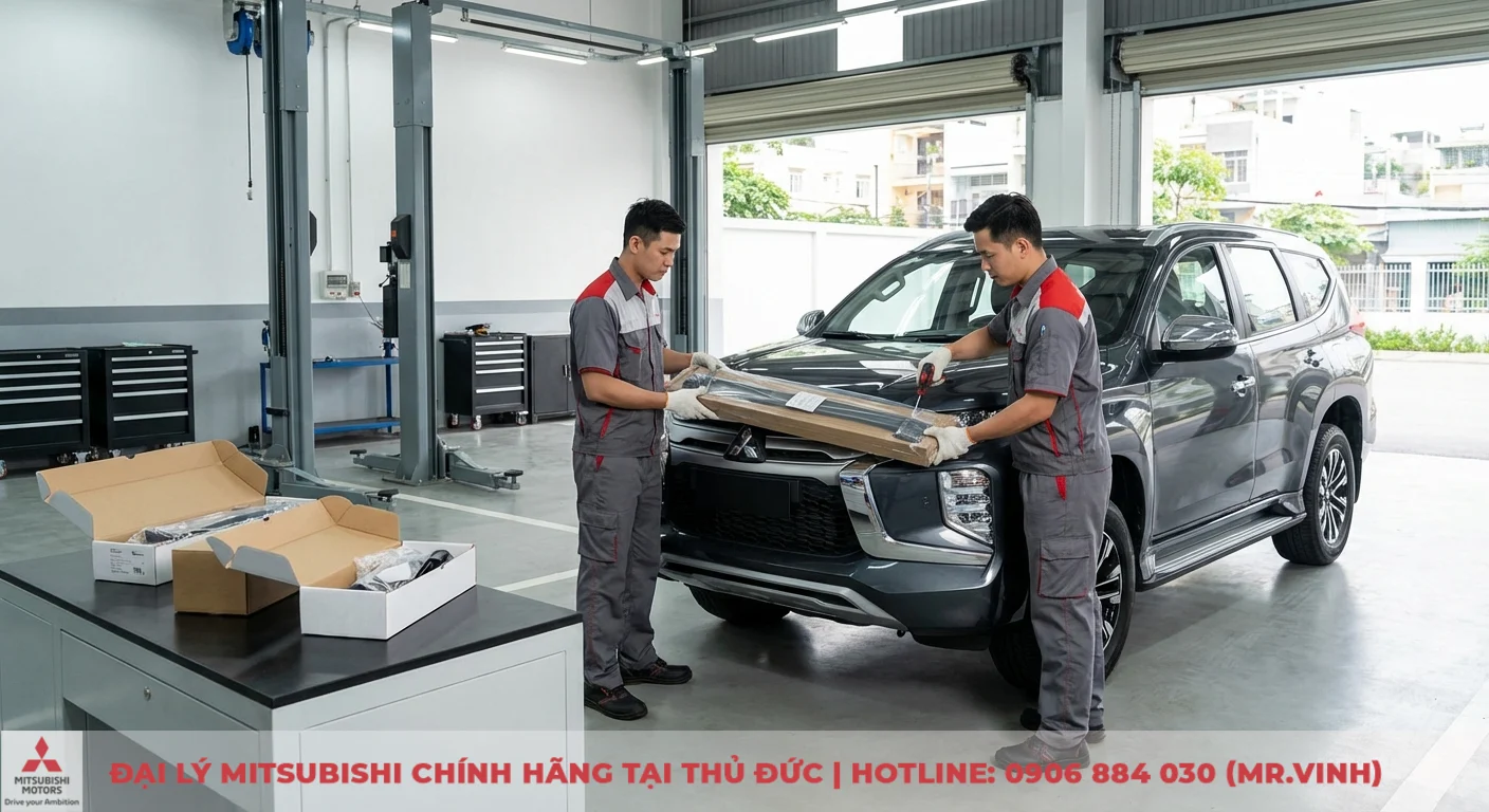 Phụ kiện Destinator 2026: Chính hãng, thông số & so sánh chi tiết 3 Hai kỹ thuật viên Mitsubishi lắp đặt phụ kiện Destinator 2026 cho SUV màu xám trong gara dịch vụ, cạnh các hộp linh kiện