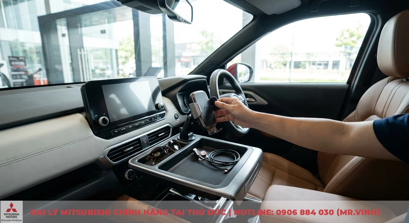 Phụ kiện Xforce 2026: Cập nhật mới nhất từ Mitsubishi Saigon 3S 1 Phụ kiện tiện nghi Mitsubishi Xforce 2026 gồm giá đỡ điện thoại, màn hình giải trí và khay đựng đồ, nâng tầm trải nghiệm lái