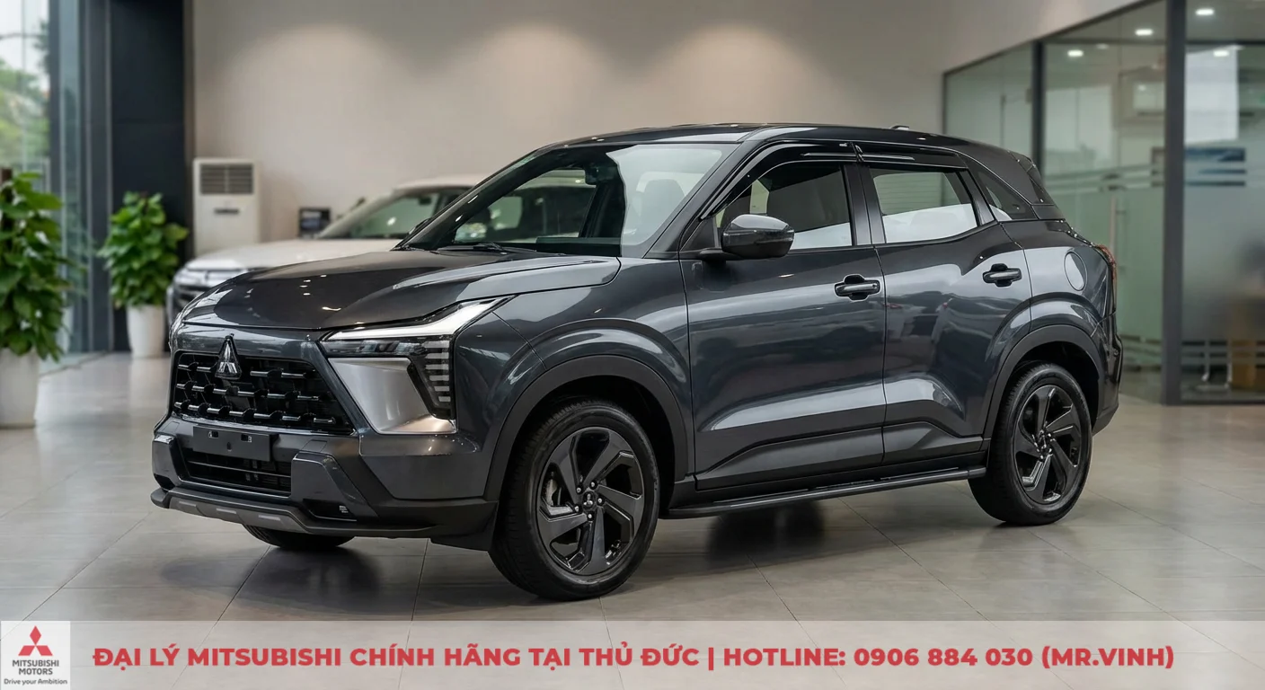 Phụ kiện Xforce 2026: Cập nhật mới nhất từ Mitsubishi Saigon 3S 2 Mitsubishi Xforce 2026 màu xám với ngoại thất cá tính, mâm xe hợp kim đen và ốp cản, làm nổi bật danh mục phụ kiện Xforce