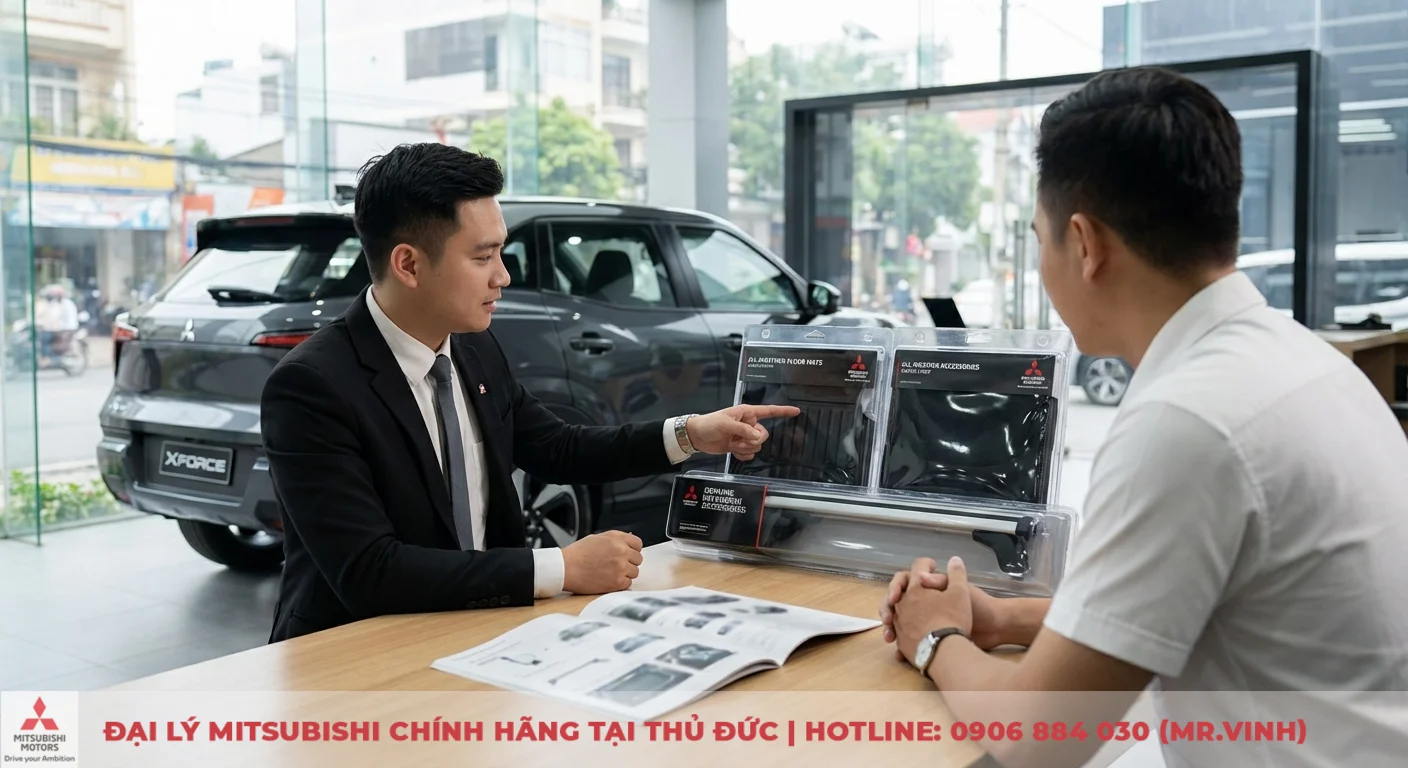 Phụ kiện Xforce 2026: Cập nhật mới nhất từ Mitsubishi Saigon 3S 3 Nhân viên tư vấn giới thiệu phụ kiện thảm sàn Xforce 2026 chính hãng Mitsubishi cho khách hàng, đảm bảo tương thích