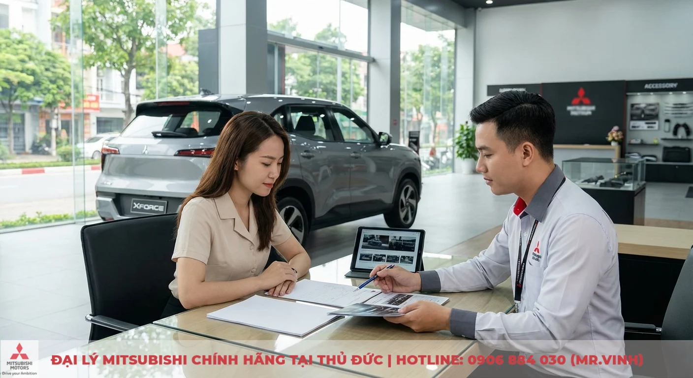 Phụ kiện Xforce 2026: Cập nhật mới nhất từ Mitsubishi Saigon 3S 4 Tư vấn viên Mitsubishi Saigon 3S tư vấn chuyên sâu về phụ kiện Xforce 2026 cho khách hàng tại showroom