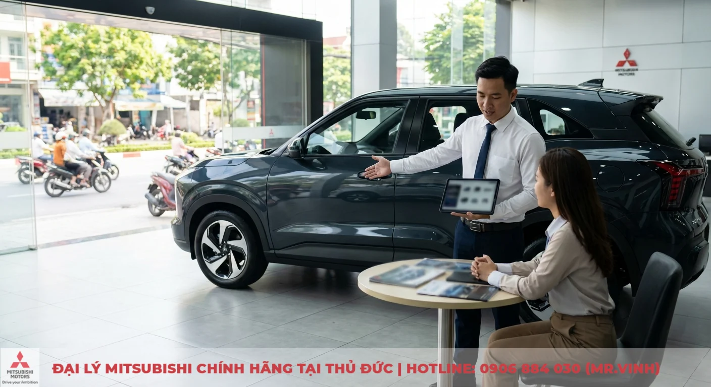 Phụ kiện Xforce 2026: Cập nhật mới nhất từ Mitsubishi Saigon 3S 5 Nhân viên Mitsubishi Saigon 3S tư vấn khách hàng nữ về Xforce 2026 và các gói phụ kiện tại showroom