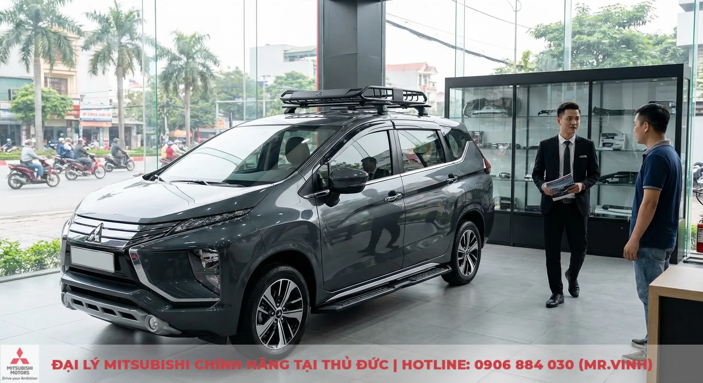 Phụ kiện Xpander 2026: Dự đoán màn hình, camera & tiện ích mới 1 Mitsubishi Xpander 2026 màu xám trong showroom với phụ kiện giá nóc và bệ bước, thể hiện tiềm năng nâng cấp đỉnh cao