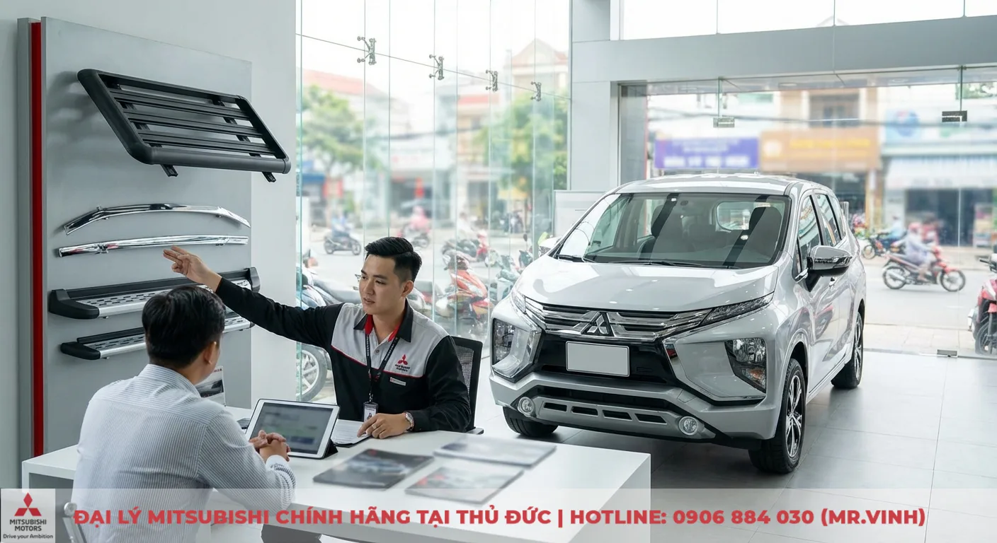 Phụ kiện Xpander 2026: Dự đoán màn hình, camera & tiện ích mới 4 Nhân viên Mitsubishi Saigon 3S tư vấn khách hàng lựa chọn phụ kiện Xpander 2026 như baga mui, bệ bước tại showroom Thủ Đức, TP.HCM