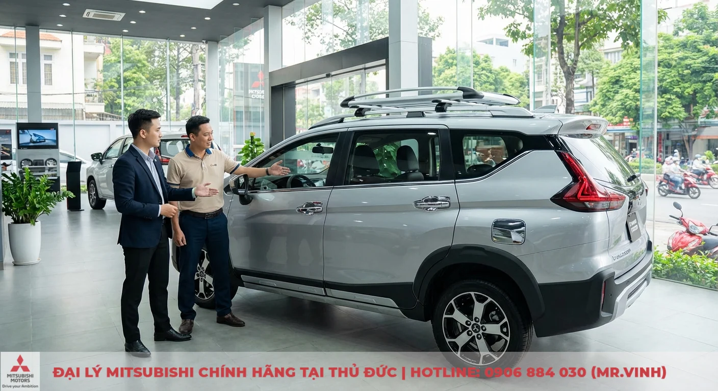 Phụ kiện Xpander Cross 2026 chính hãng: Cập nhật mới nhất 2 Xpander Cross 2026 màu bạc trang bị phụ kiện baga mui và ốp ngoại thất, đang được tư vấn cho khách hàng