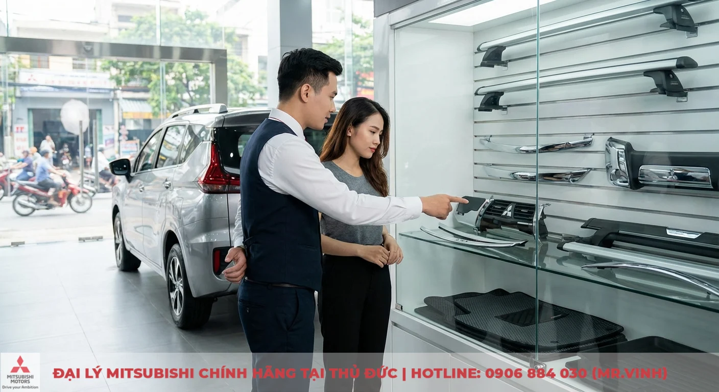 Phụ kiện Xpander Cross 2026 chính hãng: Cập nhật mới nhất 3 Nhân viên Mitsubishi Saigon 3S tư vấn khách hàng lựa chọn phụ kiện chính hãng trưng bày cho xe