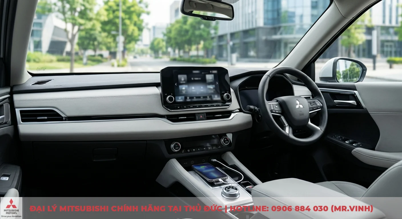 So sánh phiên bản Destinator 2026: Premium và Ultimate khác gì? 1 Nội thất ô tô Mitsubishi với vô lăng, màn hình cảm ứng lớn, bảng điều khiển trung tâm hiện đại cùng điện thoại đang sạc