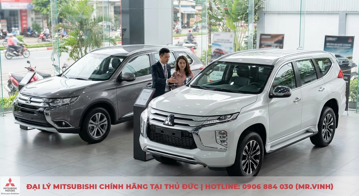 So sánh phiên bản Destinator 2026: Premium và Ultimate khác gì? 2 Hai chiếc SUV Mitsubishi màu xám và trắng trong showroom, nhân viên tư vấn đang giới thiệu xe cho khách hàng nữ bằng máy tính bảng