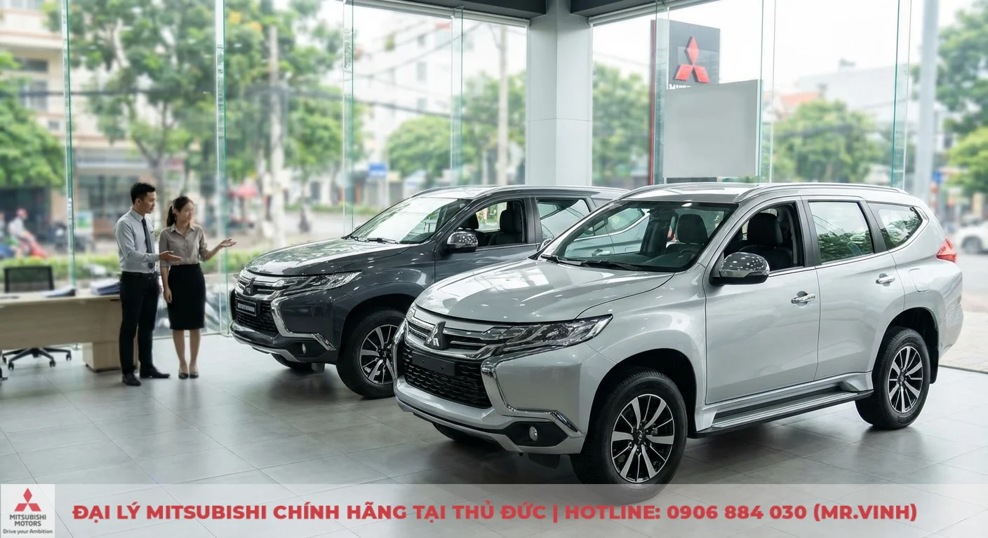 So sánh phiên bản Destinator 2026: Premium và Ultimate khác gì? 3 Hình ảnh showroom ô tô sáng trưng trưng bày hai xe SUV Mitsubishi màu xám và bạc, có hai nhân viên đang tư vấn