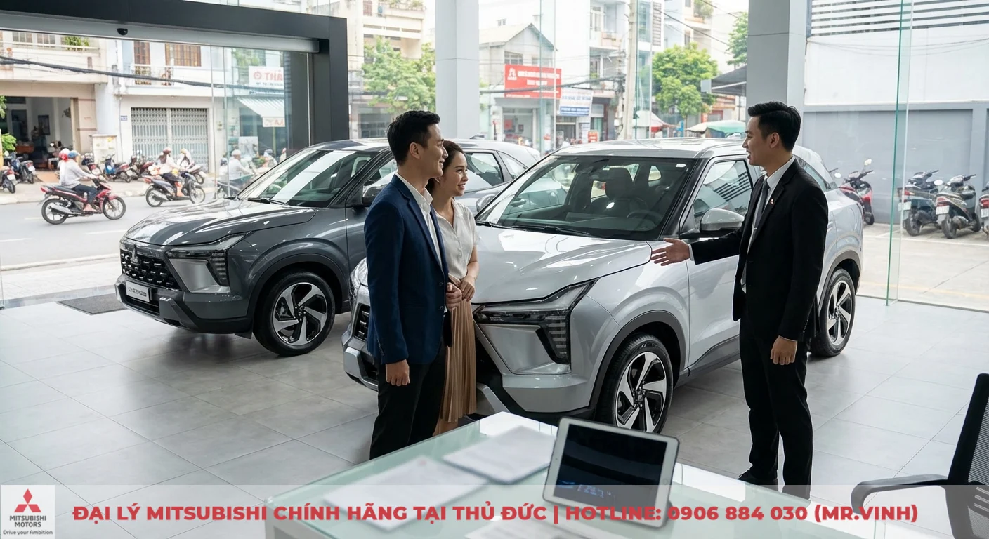 So sánh phiên bản Xforce 2026: Khác biệt trang bị, an toàn và tiện nghi 4 Khách hàng đang xem xe Xforce bản hiện hành tại showroom, được nhân viên tư vấn về việc chọn mua