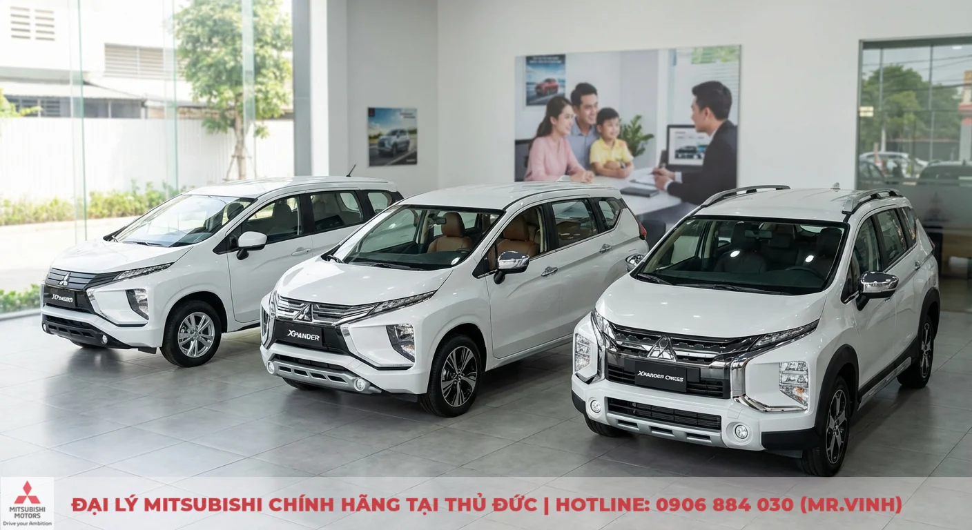 So sánh phiên bản Xpander 2026: Khác biệt trang bị, an toàn & tiện nghi 2 Các phiên bản Mitsubishi Xpander màu trắng như tiêu chuẩn, Premium và Cross trưng bày, làm nổi bật điểm khác biệt ngoại thất