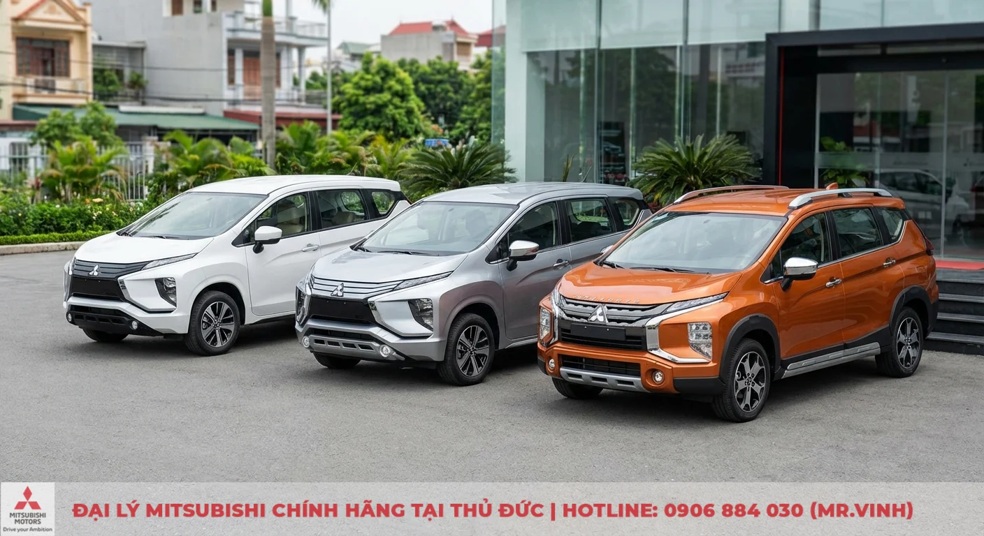 So sánh phiên bản Xpander 2026: Khác biệt trang bị, an toàn & tiện nghi 3 Ba phiên bản Mitsubishi Xpander 2026 màu trắng, bạc và Xpander Cross màu cam nổi bật, giúp khách hàng dễ dàng lựa chọn