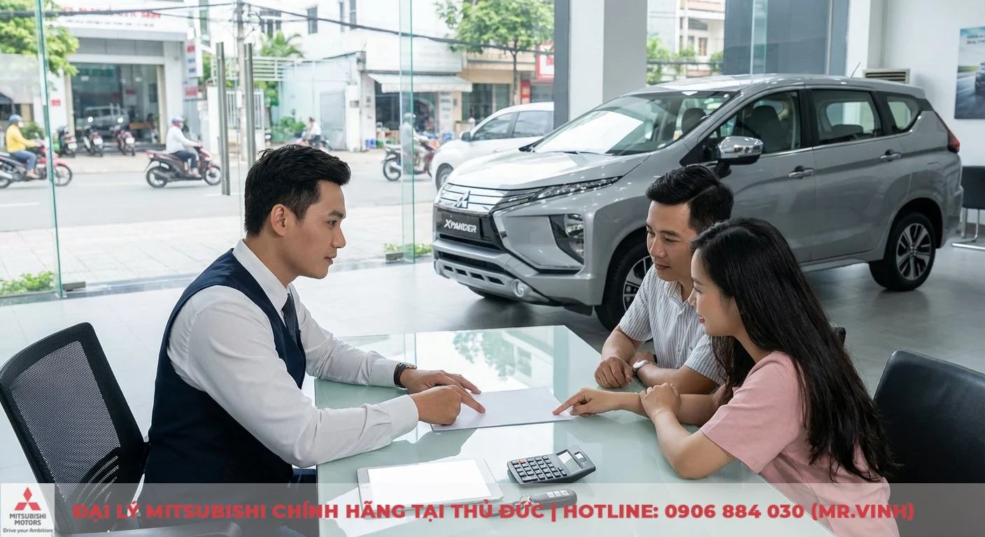 So sánh phiên bản Xpander 2026: Khác biệt trang bị, an toàn & tiện nghi 4 Nhân viên tư vấn giá lăn bánh Mitsubishi Xpander 2026 cho khách hàng tại showroom TP.HCM